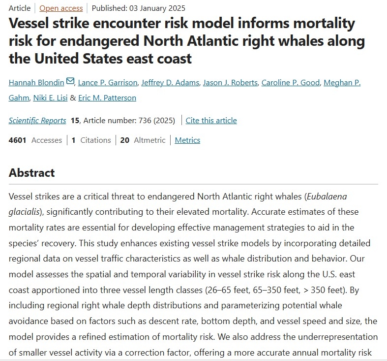 Vessel strike encounter risk model informs mortality risk for endangered North Atlantic right whales along the United States east coast thumbnail image