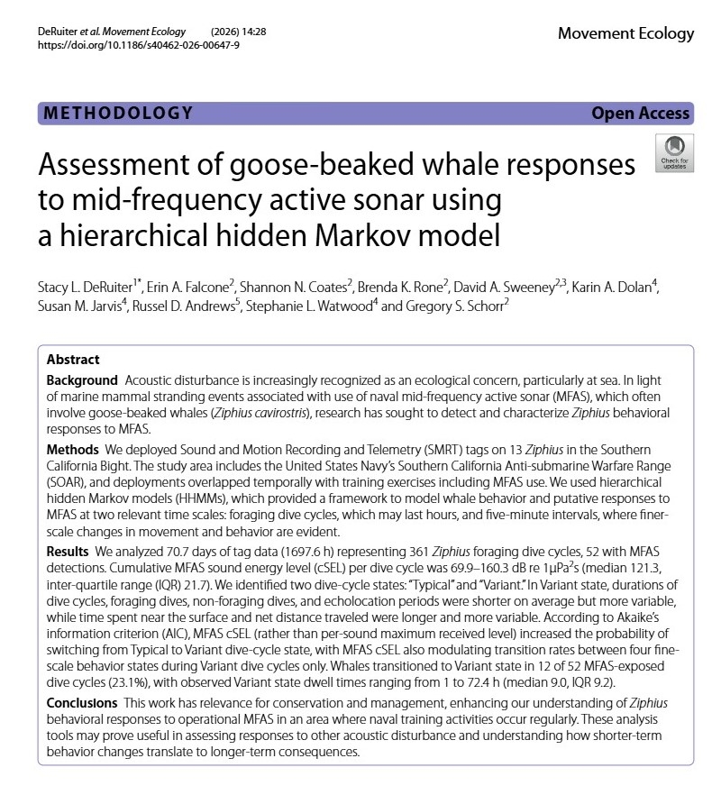 Assessment of goose-beaked whale responses to mid-frequency active sonar using a hierarchical hidden Markov model thumbnail image