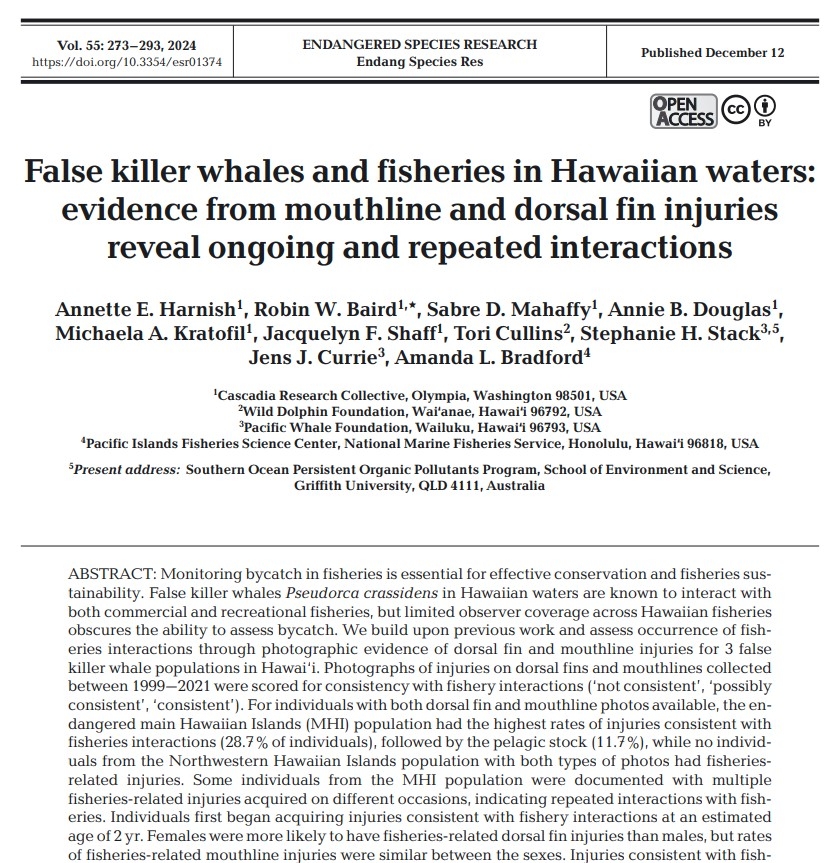 False killer whales and fisheries in Hawaiian waters: evidence from mouthline and dorsal fin injuries reveal ongoing and repeated interactions thumbnail image