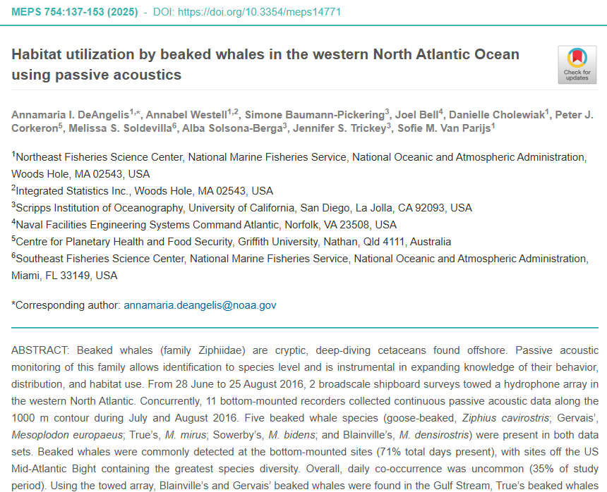 Habitat utilization by beaked whales in the western North Atlantic Ocean using passive acoustics thumbnail image