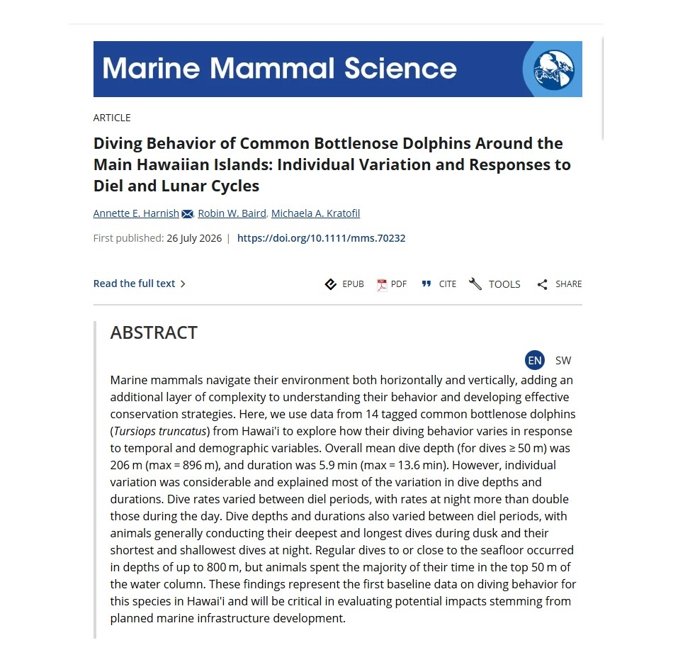 Diving Behavior of Common Bottlenose Dolphins Around the Main Hawaiian Islands: Individual Variation and Responses to Diel and Lunar Cycles thumbnail image